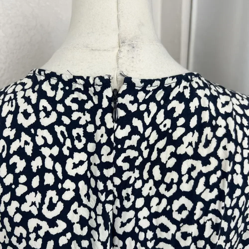 J Crew Midi Dress Womens Medium Blue White Leopard Print Puff Sleeve Tiered Boho